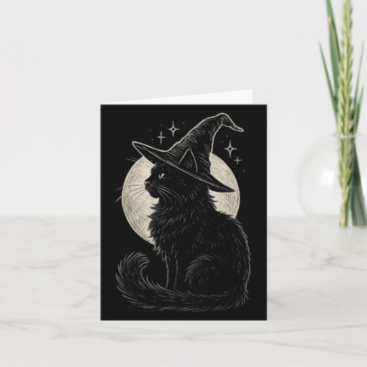 Carte Chapeau de sorcière chat noir mignon lune Rétro Co (Devant)