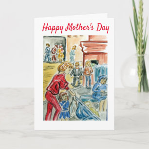 Carte Chariot de bébé de dessin animé pour la fête des m
