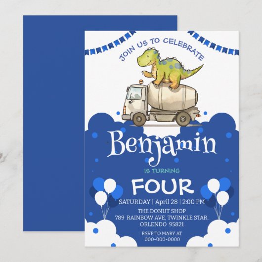 Carte Chariot en ciment dinosaure Cute Ecole de Ballons  (Devant / Derrière)