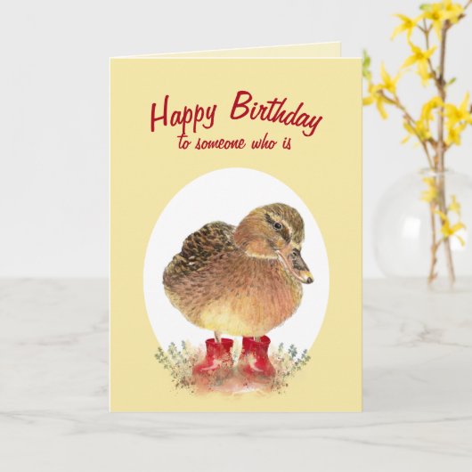 Carte Charmant petit canard dans Bottes en caoutchouc ro (Fleur jaune)