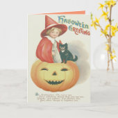 Carte Charmante Sorcière Chat Noir Citrouille (Fleur jaune)