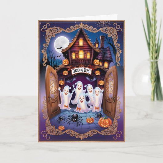 Carte Charming Halloween Chat et Maison Citrouille (Devant)