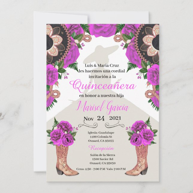 Carte Charra Quinceanera Invitation, fuchsia Mariachi (Devant)