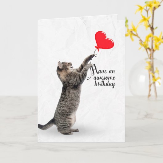Carte Chat à bascule d'anniversaire avec ballon de coeur (Fleur jaune)