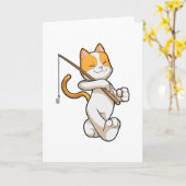 Carte Chat à la pêche avec canne à pêche (Fleur jaune)