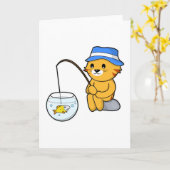 Carte Chat à la pêche avec du poisson dans du verre (Fleur jaune)
