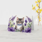 Carte Chat à l'aquarelle avec des fleurs de lavande (Fleur jaune)
