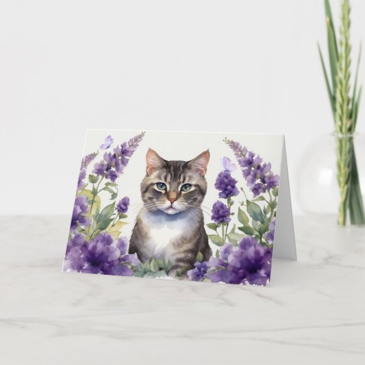 Carte Chat à l'aquarelle avec des fleurs de lavande (Devant)