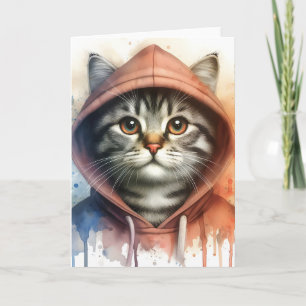 Carte Chat à l'aquarelle dans un sweat à capuche coloré