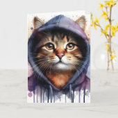 Carte Chat à l'aquarelle en bleu violet avec sweat à cap (Fleur jaune)
