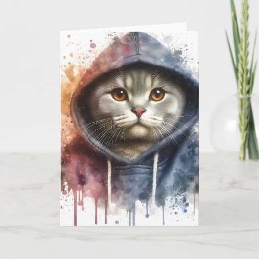 Carte Chat à l'aquarelle en sweat à capuche bleu Art Spl (Devant)