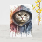 Carte Chat à l'aquarelle en sweat à capuche bleu Art Spl (Fleur jaune)