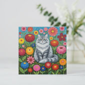 Carte Chat à rayures grises fluides avec fleurs d'art fo (Debout devant)