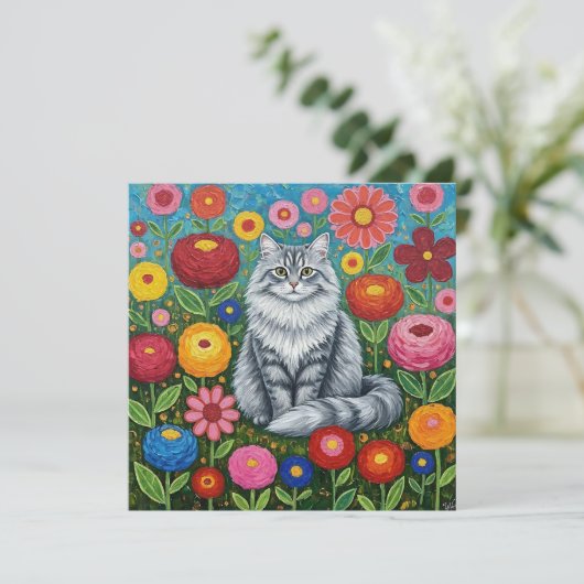 Carte Chat à rayures grises fluides avec fleurs d'art fo (Debout devant)