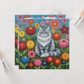 Carte Chat à rayures grises fluides avec fleurs d'art fo (Devant/Arrière en situation)