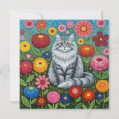 Carte Chat à rayures grises fluides avec fleurs d'art fo (Devant)