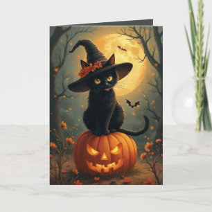 Carte Chat À Sorcière Halloween Sur Un Citrouille
