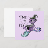 Carte Chat à sorcière volante mignonne | Temps de vol (Devant / Derrière)