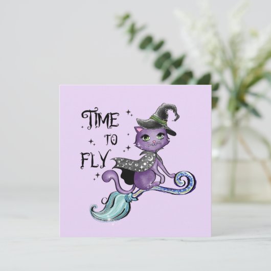 Carte Chat à sorcière volante mignonne | Temps de vol (Debout devant)