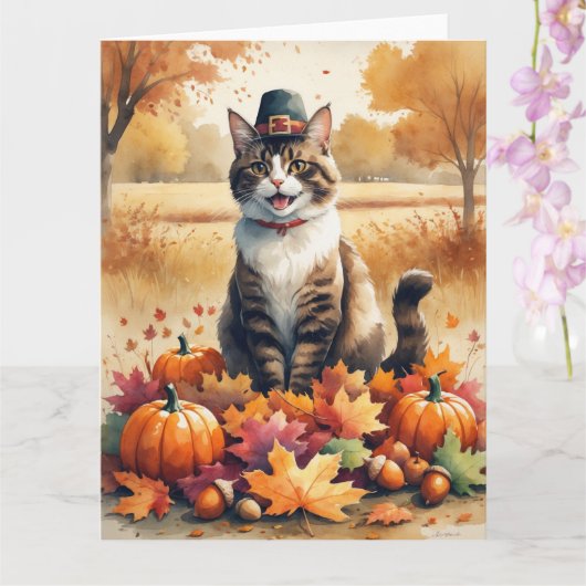 Carte Chat abyssin à l'automne quitte Thanksgiving Art (Orchidée)