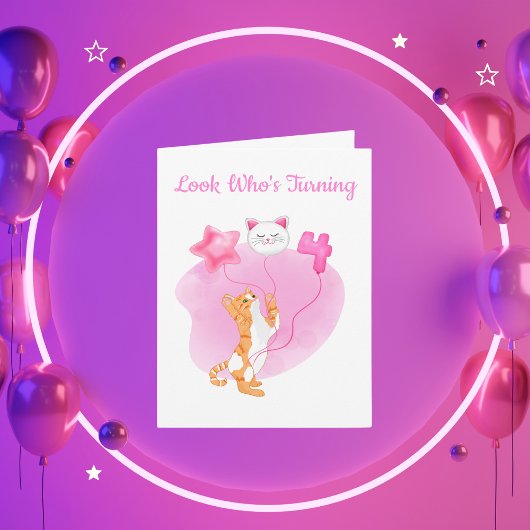 Carte Chat Adorable Avec Ballons D'anniversaire 4 Ans