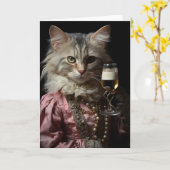 Carte Chat adorable tenant un verre (Fleur jaune)