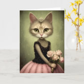 Carte Chat adorable tient des roses roses (Fleur jaune)