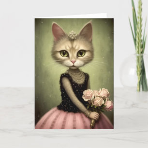 Carte Chat adorable tient des roses roses