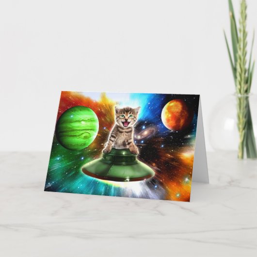 Carte Chat Alien dans la soucoupe de l'ufo (Devant)