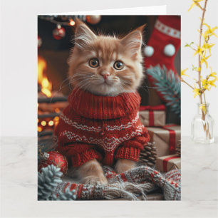 Carte Chat angora turc avec cheminée de cadeaux de Noël