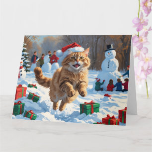 Carte Chat Angora Turc courant dans la neige avec un cha