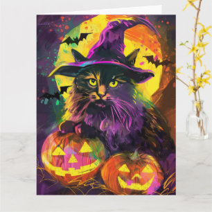 Carte Chat angora turc effrayant Halloween Sorcière Citr