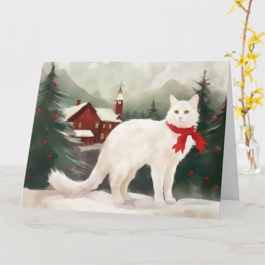 Carte Chat Angora turc en Noël de neige (Fleur jaune)