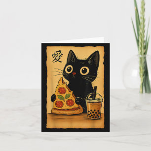 Carte Chat Anime Kawaii Japonais Mangeant une Pizza A Th