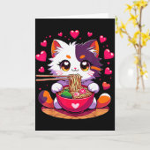 Carte Chat Anime Mangeant Des Nouilles Ramen Avec Des Cœ (Fleur jaune)