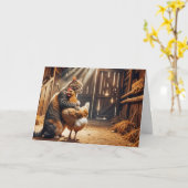 Carte Chat Anniversaire Embrasser un poulet de la ferme (Fleur jaune)