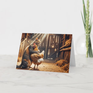 Carte Chat Anniversaire Embrasser un poulet de la ferme
