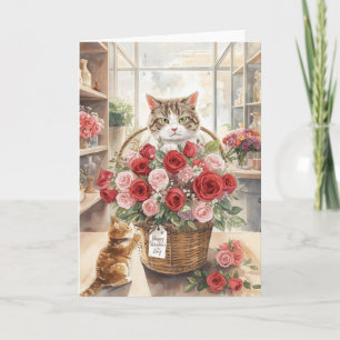 Carte Chat arrangeant des roses dans un panier pour la S