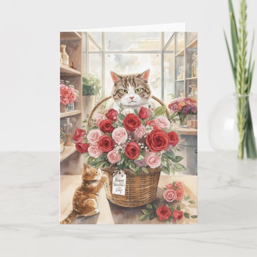 Carte Chat arrangeant des roses fleurs dans un panier po (Devant)