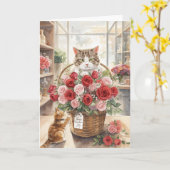 Carte Chat arrangeant des roses fleurs dans un panier po (Fleur jaune)