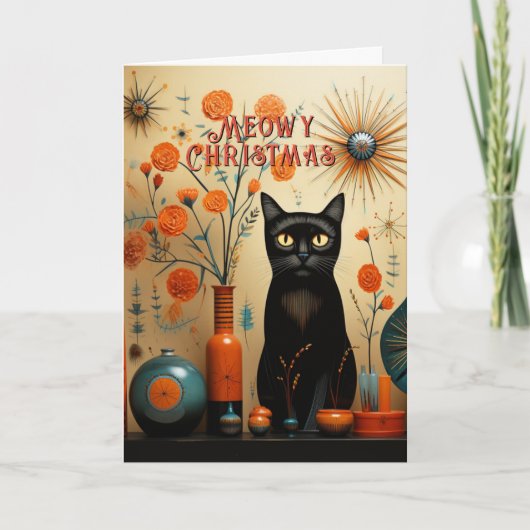 Carte Chat Atomique Rétro Sputnik Orange Noir Turquoise (Devant)