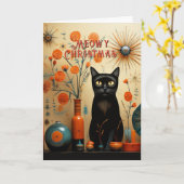 Carte Chat Atomique Rétro Sputnik Orange Noir Turquoise (Fleur jaune)
