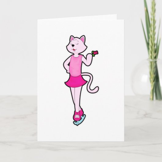 Carte Chat au patinage sur glace avec fleur (Devant)
