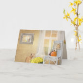 Carte chat automne avec fenêtre pour ami (Fleur jaune)