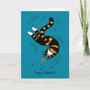 Carte Chat aux mains de squelette nager joyeusement l'Ha