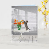 Carte Chat aux tulipes orange (Fleur jaune)