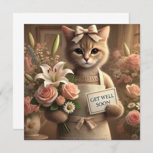 Carte Chat avec fleur avec Get well Bion Card (Devant / Derrière)