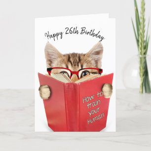 Carte Chat avec lunettes et livre rouge 26e anniversaire