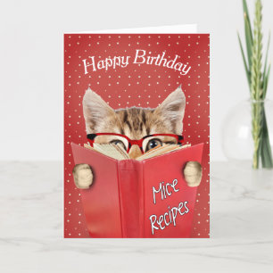 Carte Chat avec lunettes et livre rouge Anniversaire