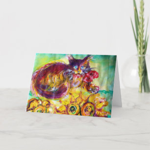 Carte CHAT AVEC RIBBON ROUGE ET SUNFLOWERS Fête des mère